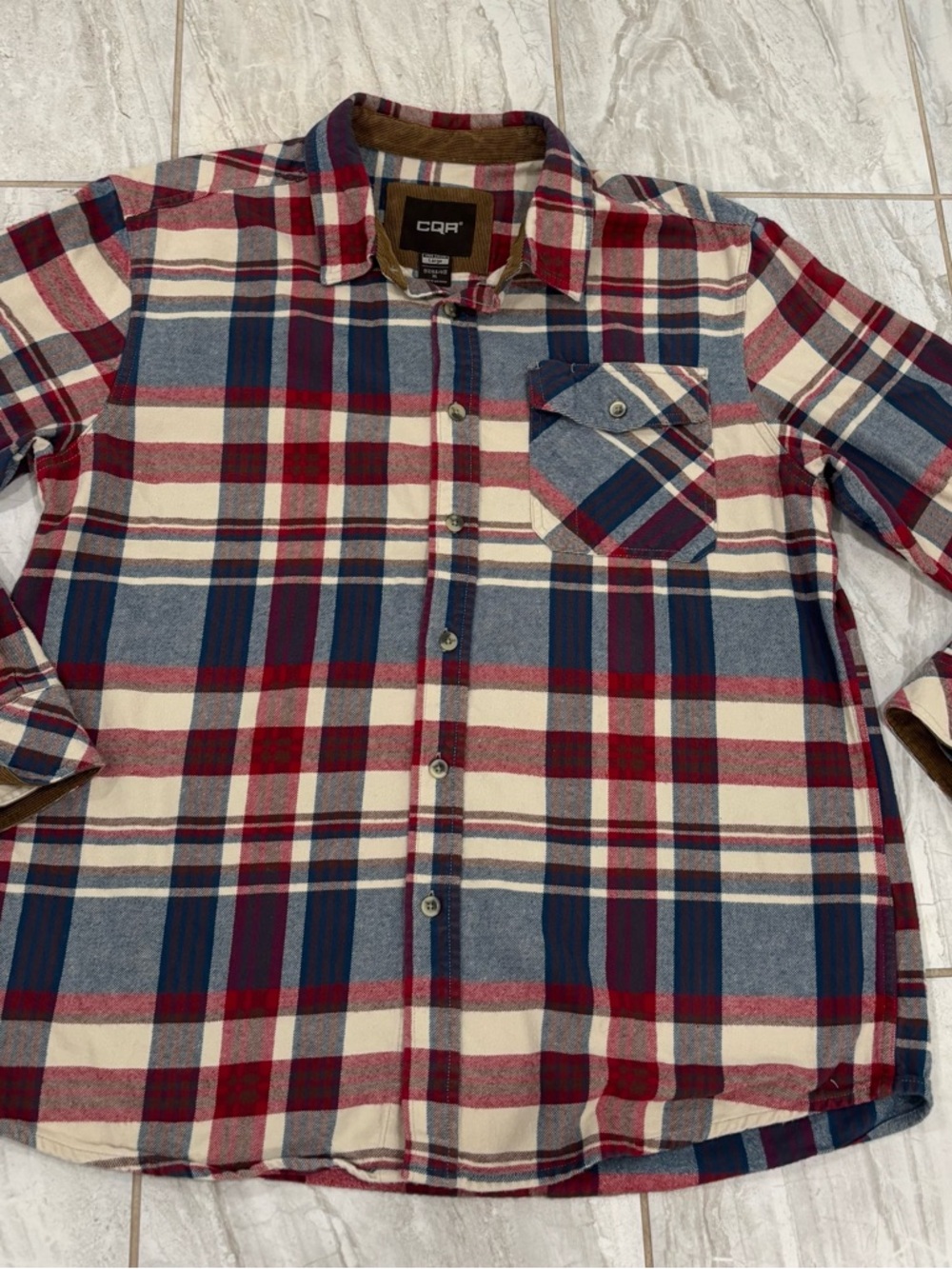 CQR Flannel Shirt Men's Rugged L  Plaid Corduroy Turn Up Cuffs Soft Outdoor